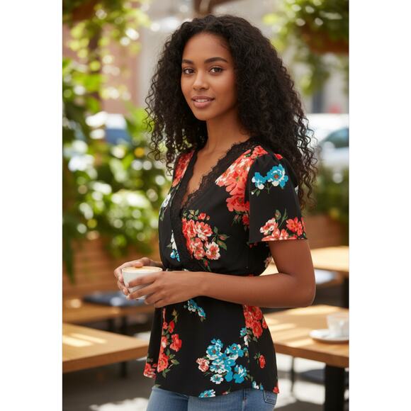 ASOS Floral Surplice Top Womens Size 8 Black Pink Blue Lace Trim Peplum Blouse - Picture 1 of 9